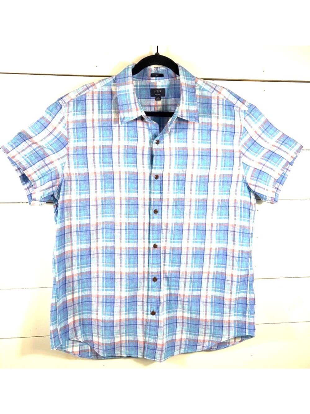 J.Crew Homespun Mens Slim Fit Blue Plaid Short Sleeve Button-Up Shirt XL 100% Co